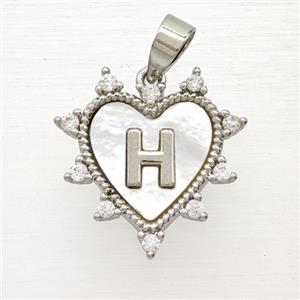 Copper Letter-H Heart Pendant Pave Zirconia Shell Platinum Plated, approx 21mm