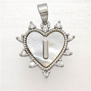 Copper Letter-I Heart Pendant Pave Zirconia Shell Platinum Plated, approx 21mm