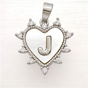 Copper Letter-J Heart Pendant Pave Zirconia Shell Platinum Plated, approx 21mm