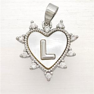 Copper Letter-L Heart Pendant Pave Zirconia Shell Platinum Plated, approx 21mm