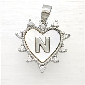 Copper Letter-N Heart Pendant Pave Zirconia Shell Platinum Plated, approx 21mm