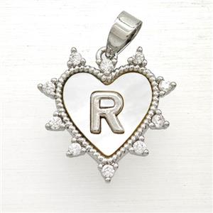 Copper Letter-R Heart Pendant Pave Zirconia Shell Platinum Plated, approx 21mm