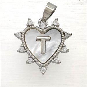 Copper Letter-T Heart Pendant Pave Zirconia Shell Platinum Plated, approx 21mm