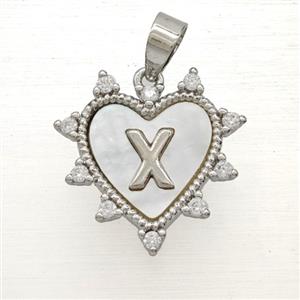 Copper Letter-X Heart Pendant Pave Zirconia Shell Platinum Plated, approx 21mm