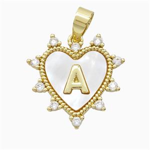 Copper Letter-A Heart Pendant Pave Zirconia Shell Gold Plated, approx 21mm