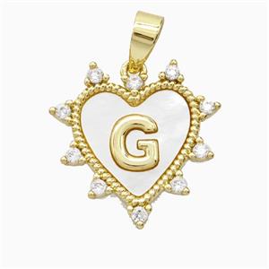 Copper Letter-G Heart Pendant Pave Zirconia Shell Gold Plated, approx 21mm