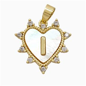 Copper Letter-I Heart Pendant Pave Zirconia Shell Gold Plated, approx 21mm