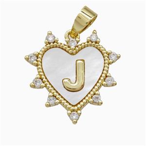 Copper Letter-J Heart Pendant Pave Zirconia Shell Gold Plated, approx 21mm
