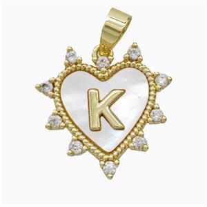 Copper Letter-K Heart Pendant Pave Zirconia Shell Gold Plated, approx 21mm