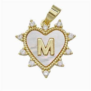 Copper Letter-M Heart Pendant Pave Zirconia Shell Gold Plated, approx 21mm
