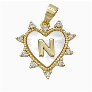 Copper Letter-N Heart Pendant Pave Zirconia Shell Gold Plated, approx 21mm