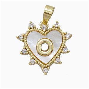 Copper Letter-O Heart Pendant Pave Zirconia Shell Gold Plated, approx 21mm