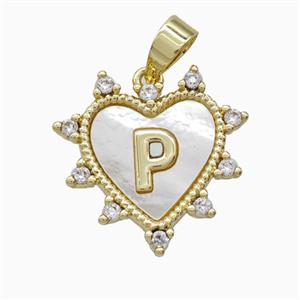 Copper Letter-P Heart Pendant Pave Zirconia Shell Gold Plated, approx 21mm