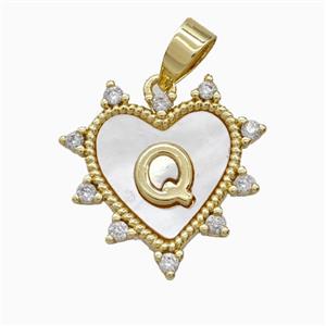 Copper Letter-Q Heart Pendant Pave Zirconia Shell Gold Plated, approx 21mm