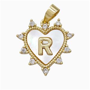 Copper Letter-R Heart Pendant Pave Zirconia Shell Gold Plated, approx 21mm