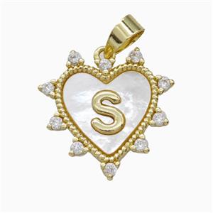 Copper Letter-S Heart Pendant Pave Zirconia Shell Gold Plated, approx 21mm