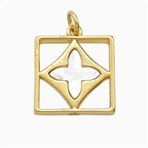 Copper Clover Square Pendant Pave Shell Gold Plated, approx 16mm