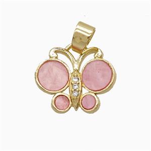 Copper Butterfly Pendant Pave Black Pink Shell Gold Plated, approx 13-16mm