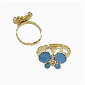 Copper Butterfly Ring Pave Blue Shell Adjustable Gold Plated, approx 13-16mm, 18mm dia