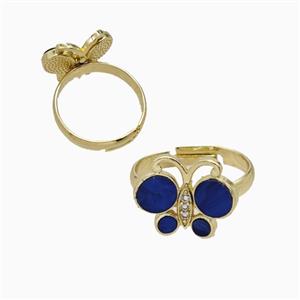 Copper Butterfly Ring Pave Royalblue Shell Adjustable Gold Plated, approx 13-16mm, 18mm dia