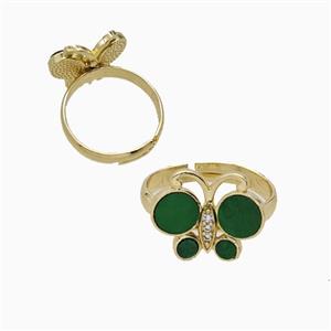 Copper Butterfly Ring Pave Mintgreen Shell Adjustable Gold Plated, approx 13-16mm, 18mm dia