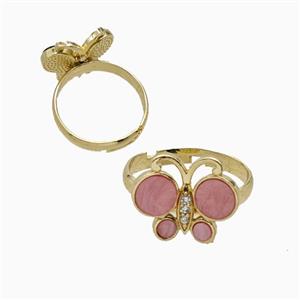 Copper Butterfly Ring Pave Pink Shell Adjustable Gold Plated, approx 13-16mm, 18mm dia