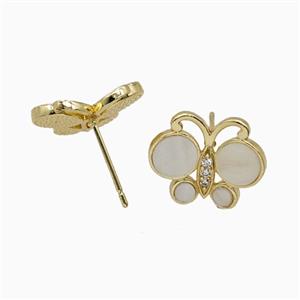 Copper Butterfly Stud Earrings Pave White Shell Gold Plated, approx 13-16mm