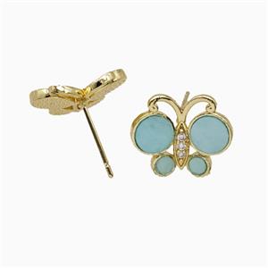 Copper Butterfly Stud Earrings Pave Teal Shell Gold Plated, approx 13-16mm