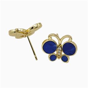 Copper Butterfly Stud Earrings Pave Royalblue Shell Gold Plated, approx 13-16mm