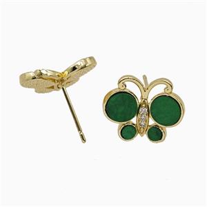 Copper Butterfly Stud Earrings Pave Green Shell Gold Plated, approx 13-16mm