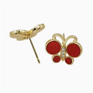 Copper Butterfly Stud Earrings Pave Red Shell Gold Plated, approx 13-16mm