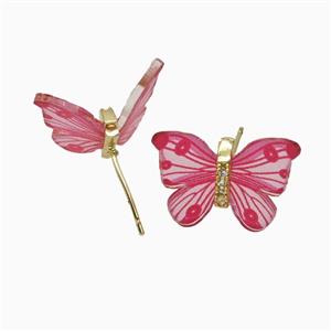 Hotpink Resin Butterfly Stud Earrings Gold Plated, approx 15-18mm