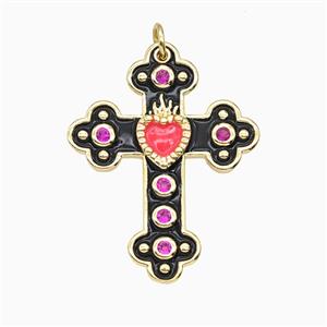 Copper Cross Pendant Pave Zirconia Black Enamel Gold Plated, approx 25-32mm