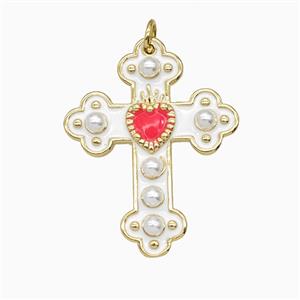Copper Cross Pendant Pave Resin White Enamel Gold Plated, approx 25-32mm