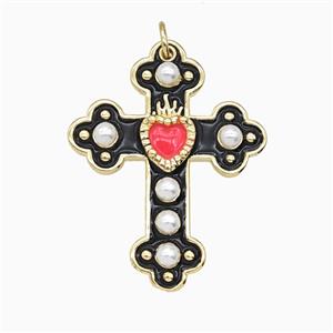 Copper Cross Pendant Pave Resin Black Enamel Gold Plated, approx 25-32mm