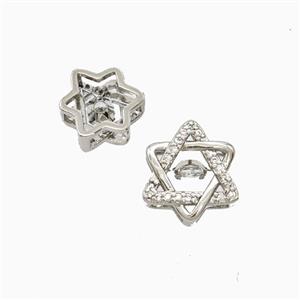 Copper David Star Beads Pave Zirconia Platinum Plated, approx 12mm