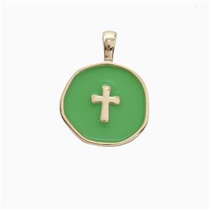 Copper Cross Pendant Green Enamel Gold Plated, approx 14mm