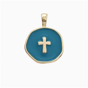 Copper Cross Pendant Blue Enamel Gold Plated, approx 14mm