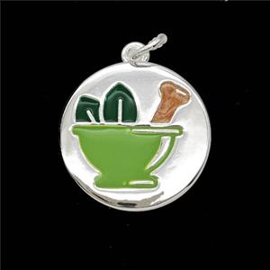 Mortar Pestle and Leaf Charms Copper Pendant Enamel Shiny Silver, approx 18mm