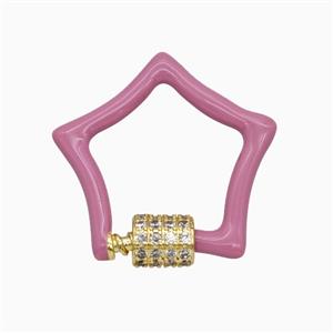 Copper Carabiner Clasp Pave Zirconia Pink Enamel Star Gold Plated, approx 24mm