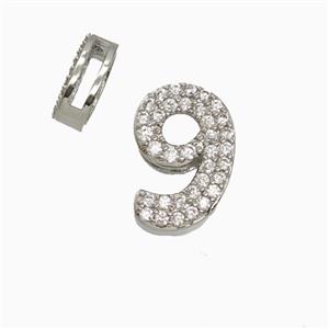 Copper Number-9 Beads Pave Zirconia Flat Hole Platinum Plated, approx 7-14mm, 1.6-10mm hole