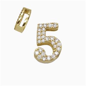 Copper Number-5 Beads Pave Zirconia Flat Hole Gold Plated, approx 7-14mm, 1.6-10mm hole