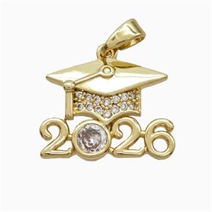 Copper Graduation Cap Pendant Pave Zirconia 2026 Gold Plated, approx 14-18mm