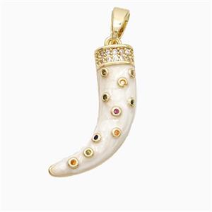 Copper Horn Pendant Pave Zirconia White Enamel Gold Plated, approx 15-20mm