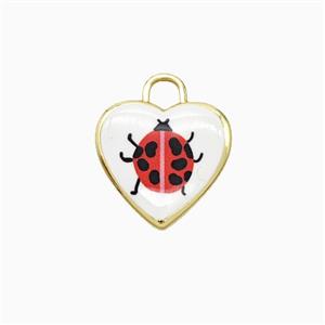Copper Heart Pendant Painted Ladybug Gold Plated, approx 16mm