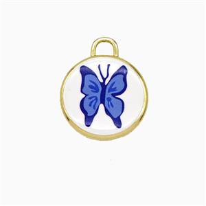 Copper Circle Pendant Painted Butterfly Gold Plated, approx 17mm
