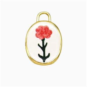 Copper Oval Pendant Painted Flower Gold Plated, approx 13.5-17mm