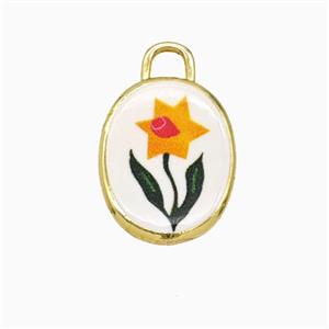 Copper Oval Pendant Painted Flower Gold Plated, approx 13.5-17mm