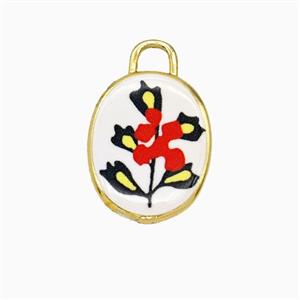 Copper Oval Pendant Painted Flower Gold Plated, approx 13.5-17mm