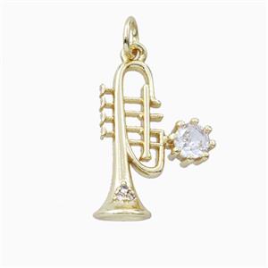 Musical Trumpet Charms Copper Pendant Pave Zirconia Gold Plated, approx 13-20mm